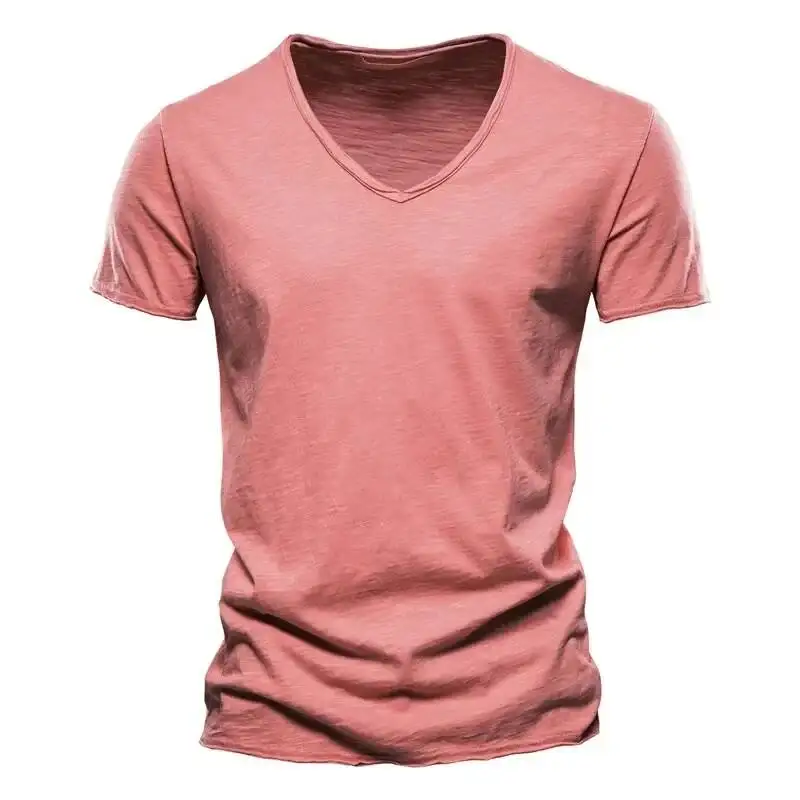 New 100% Cotton T Shirt Tops V Neck Thin Short Sleeve Tees High Quality Men's Fashion Fitness Hot T-Shirt For Men Size S-5XL
