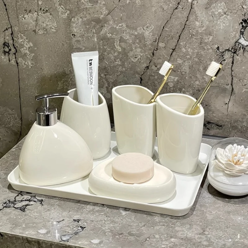 Bathroom Kit White Ceramic Emulsion Bottle Mouthwash Cup Toothbrush Holder Melamine Tray Home Ceramic Bathroom Supplies