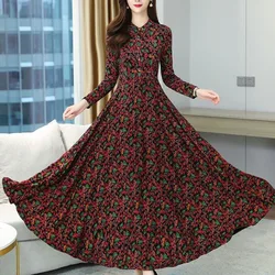 Spring and Autumn Women's Pullover Half Open Neck New Button Pockets Fashion Knitted Long Sleeved Slim Fit Flower Flare Dress