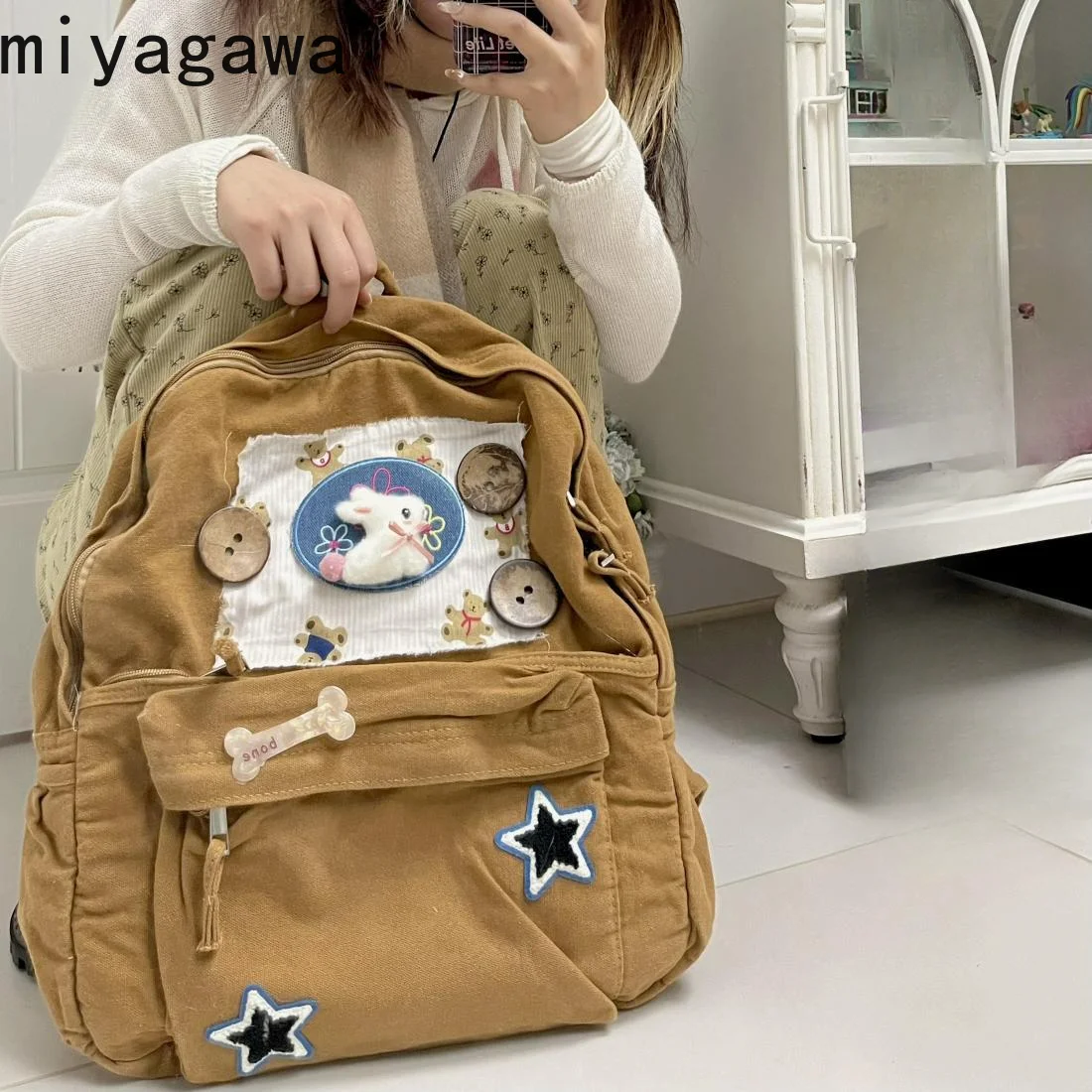 Miyagawa New Brown Handmade Patch Casual Niche Canvas Retro Y2k Backpack