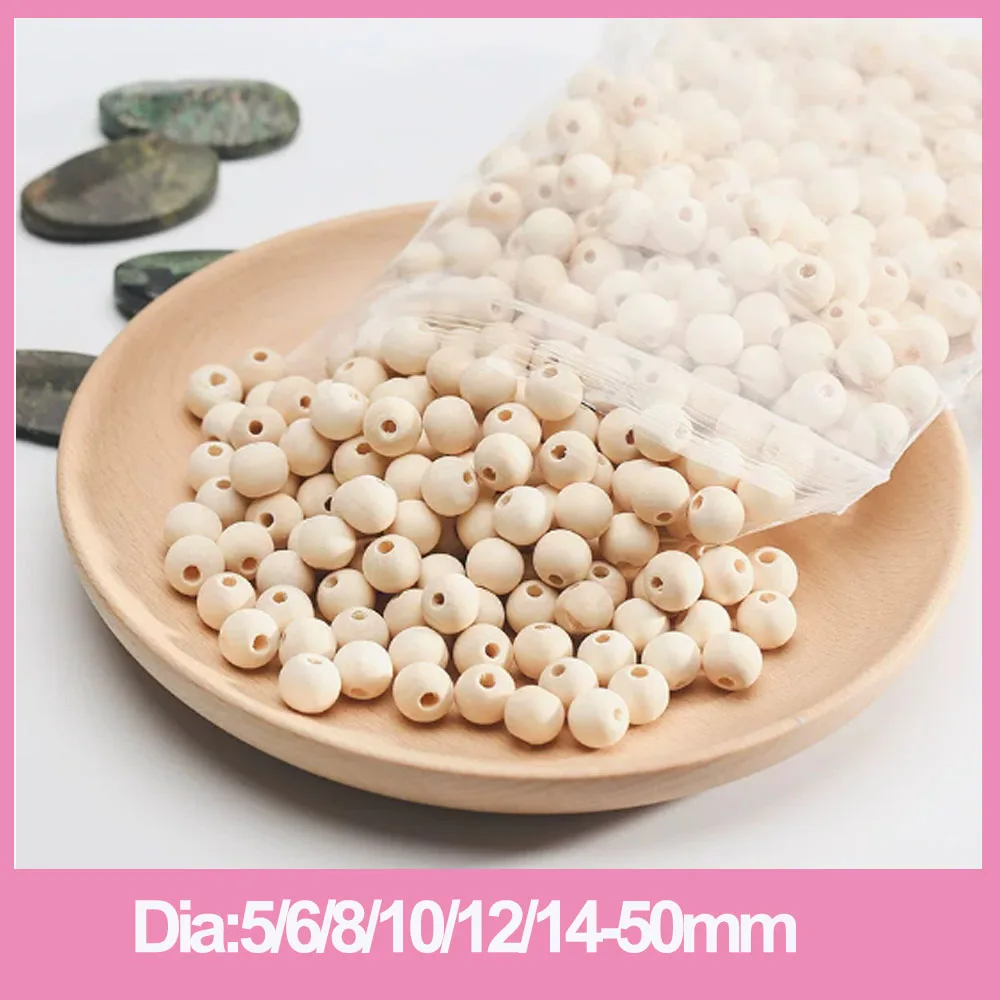 5-50mm Hole Wooden Balls Natural Solid Wood Beads Round DIY For Jewelry Making Handmade Accessories