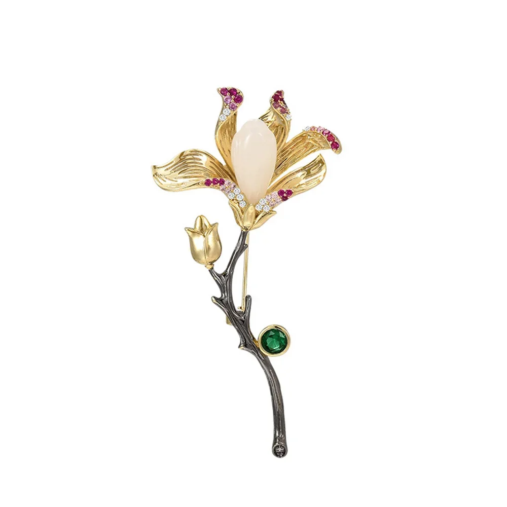 Vintage Magnolia Brooch Women's Gold Plated Plant Flower Pins for Fixing Clothes Decorations Accessories Corsages Birthday Gift
