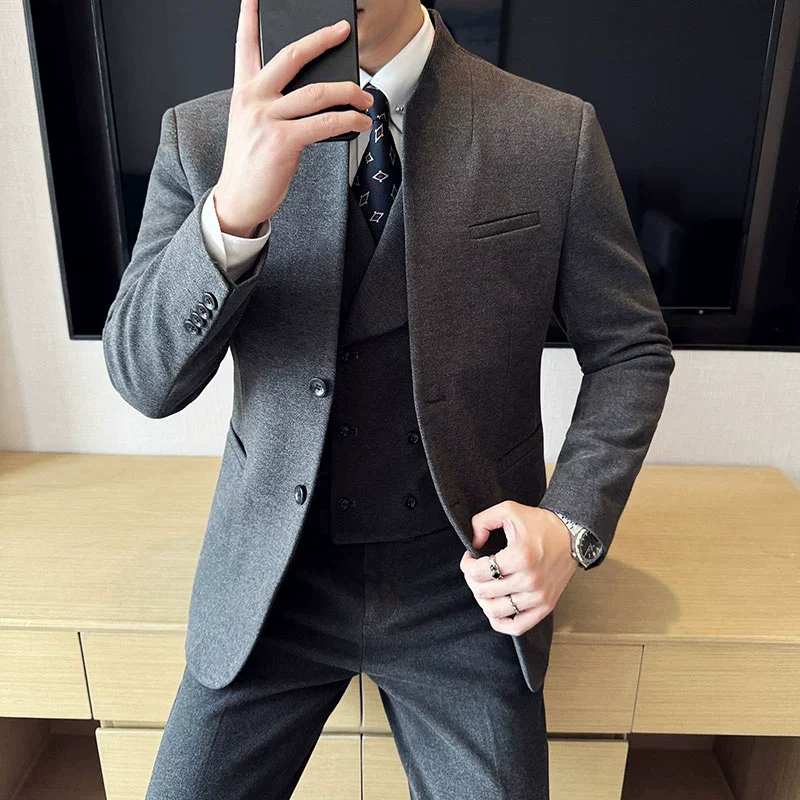 New Chinese Stand-up Collar Woolen Suit Autumn Winter Men\'s Business Casual Groom Wedding Slim Fit Suit Tuxedo 3-piece Set