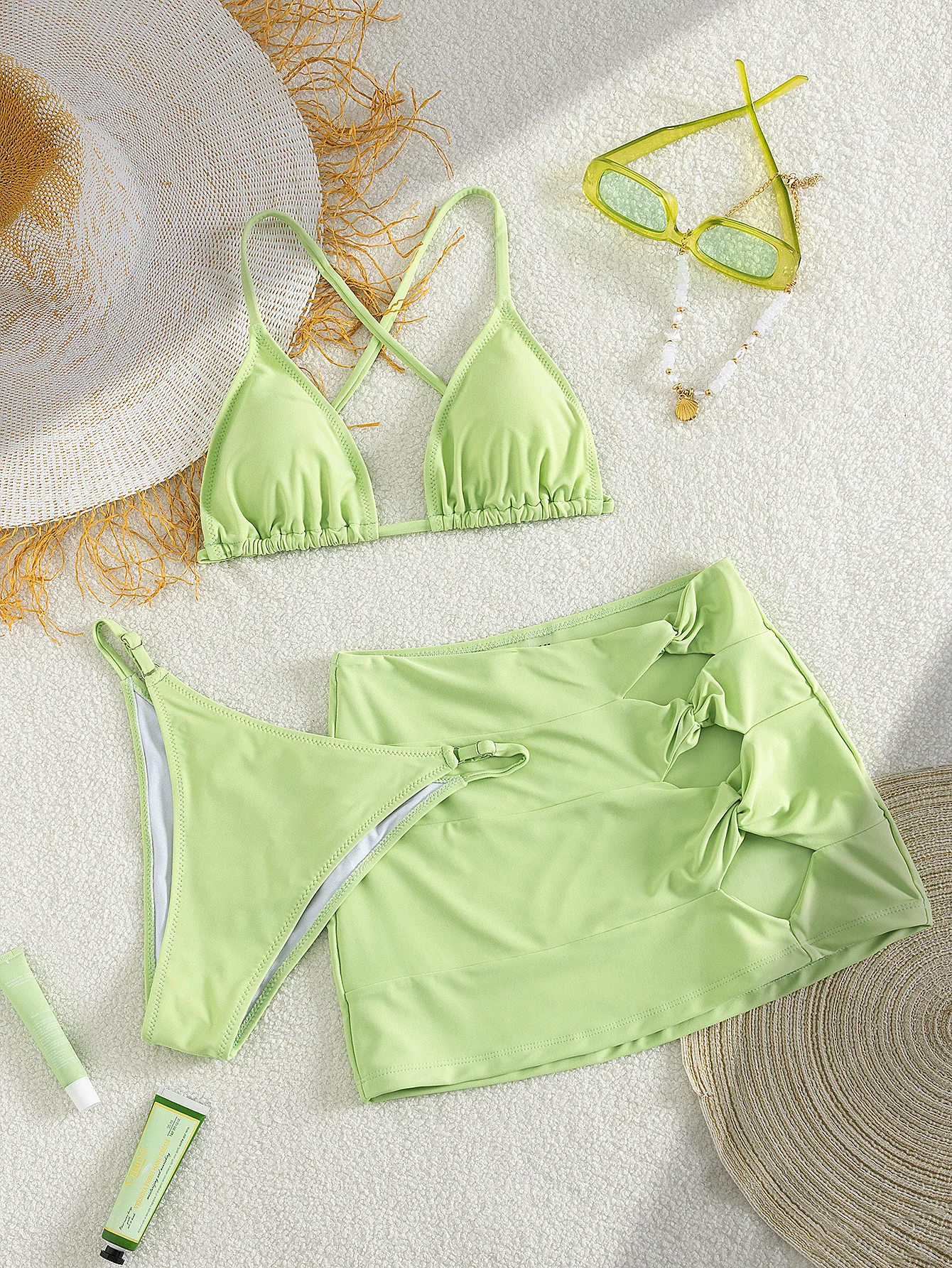 Women's Light Green 3 Piece Swimwear Set, Crisscross Triangle Bikini Top with Tie Side Bottom and Cover Up Skirt