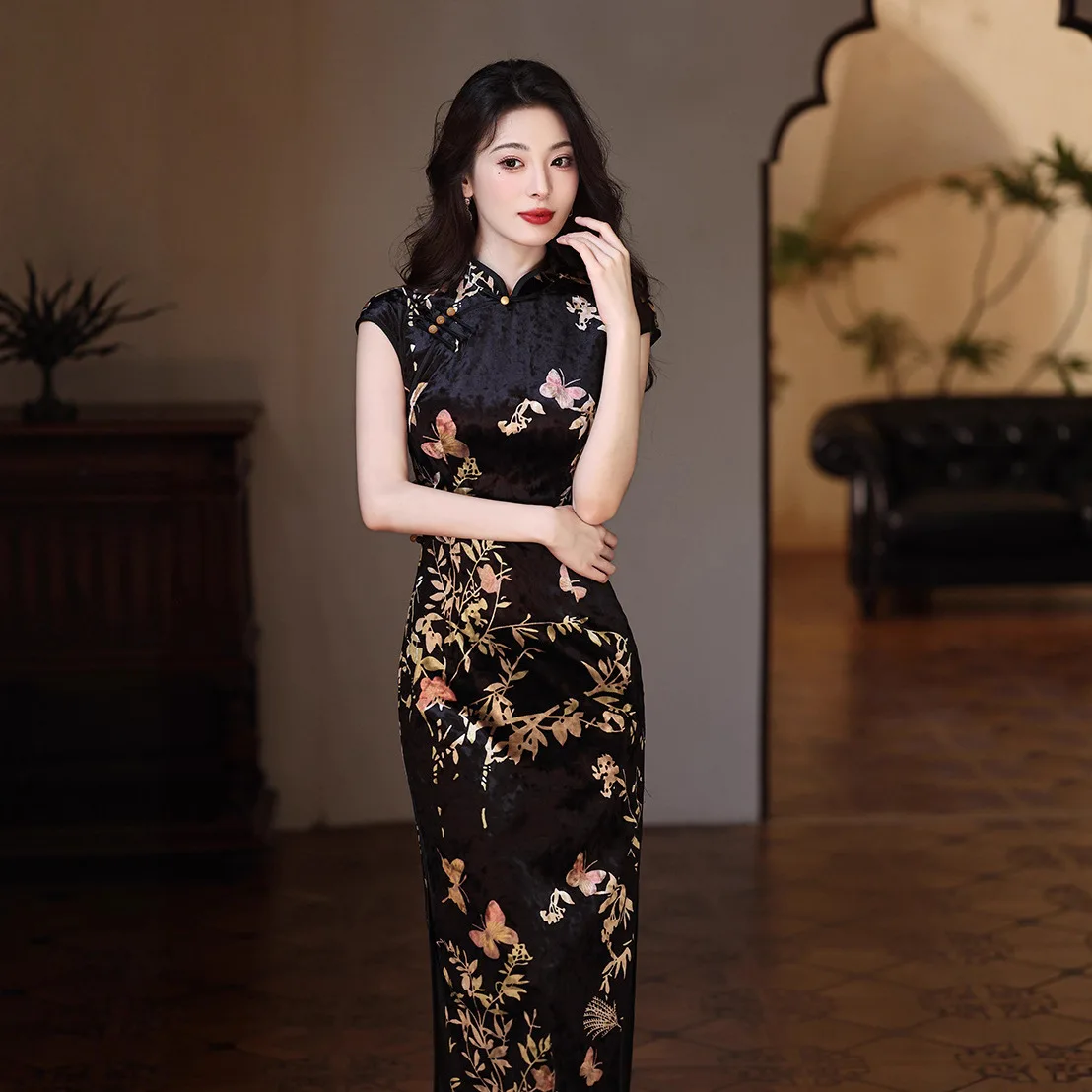 

Осень 2021, новое элегантное бархатное платье Cheongsam в китайском стиле в стиле ретро для девочек, улучшенное женское платье Qipao