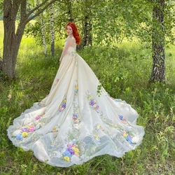 Elegant Wedding Dresses Flowers Royal Train Long Sleeve Gowns Formal Occasion O-Neck Custom A-Line Dress For Elegant Bridal