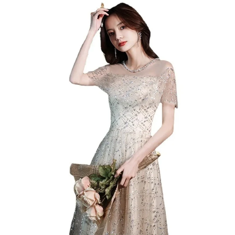 Vestido de noite de lantejoulas emagrecimento aniversário anfitrião desempenho feminino cor champanhe fada ele acioso