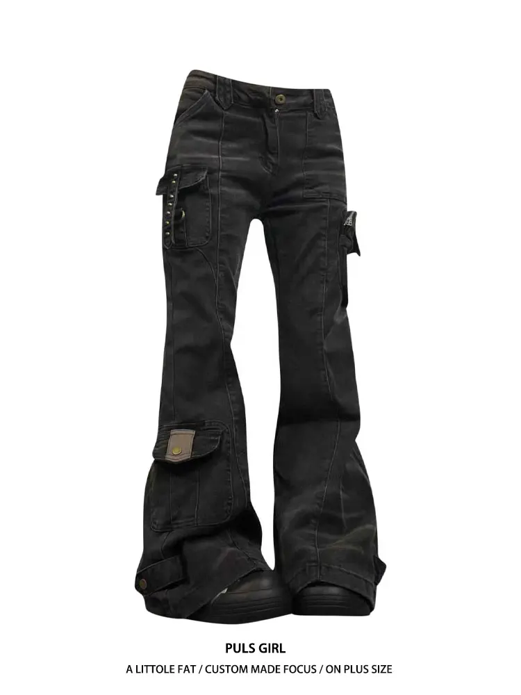 

Washed American High Street plus Size Women's Jeans Multiple Pockets Slimming Micro Flared Long Trousers Trendy Workwear
