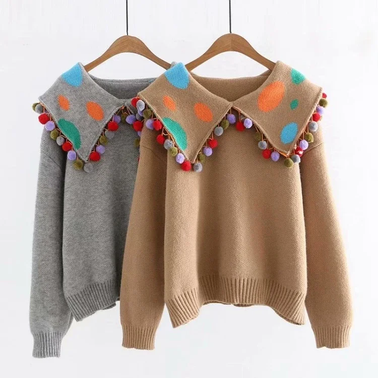 Women Turn Down Collar Lapel Sweater Pullovers Sweet Cute Grey Chic Ball Tassel Knitted Jumpers Navy Style Jumpers 2021 Winter