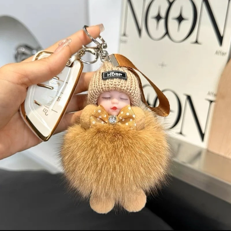 Pompom Sleeping Baby Keychain Cute Fluffy Plush Doll Keychains Women Girl Bags Keyrings Cars Key Ring Gift Charming Decoration view 2