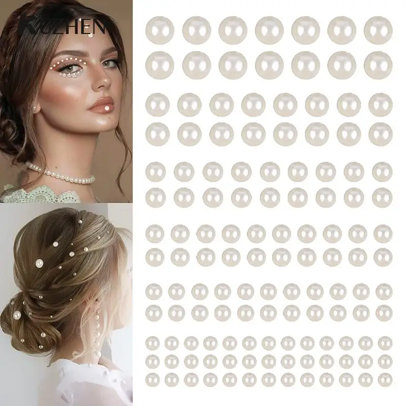 220pcs Mix 3mm/4mm/5mm/6mm Hair Pearls Stick On Self Adhesive Pearls Stickers Face Pearls Stickers for Hair Face Makeup Nail