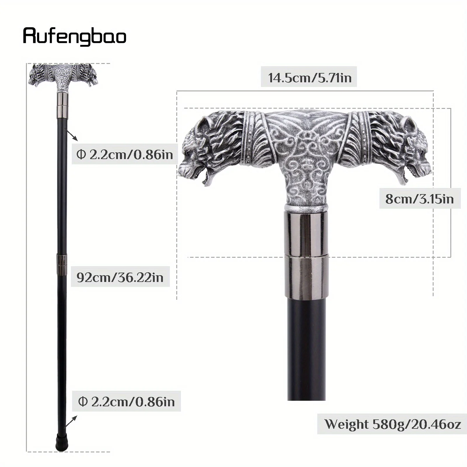 الفضة الراتنج الذئب مزدوجة رئيس عصا للمشي موضة الصلب عصا أنيقة تأثيري قصب مقبض Crosier أداء المرحلة قصب 92 سنتيمتر #2