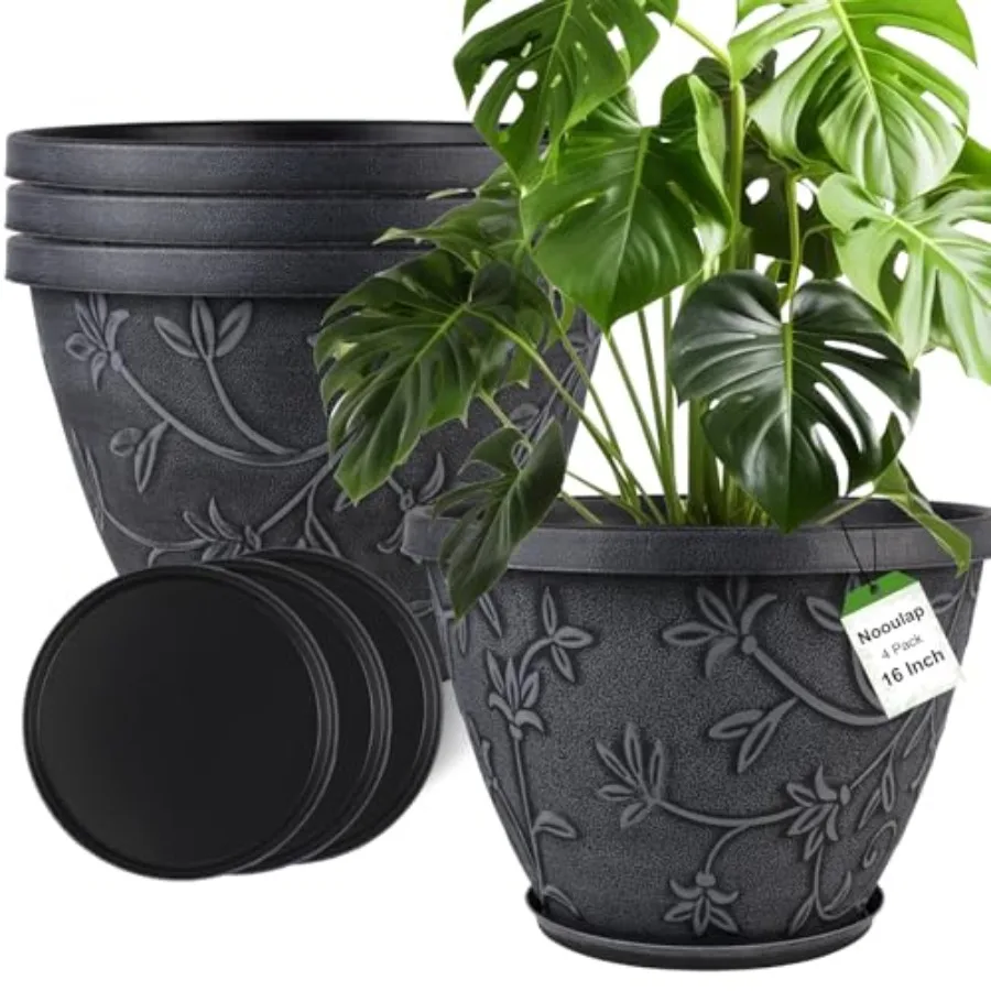 

Набор из 4 больших пластиковых горшков для растений (16 дюймов) для улицы и дома с дренажным отверстием и поддоном, современные декоративные садовые кашпо для домашних растений