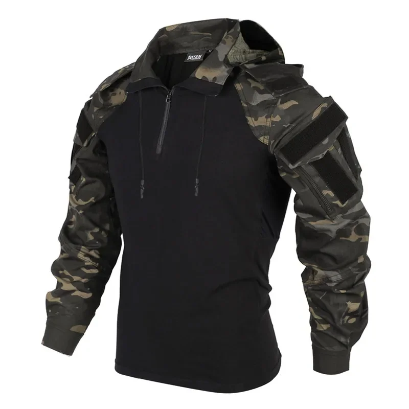 Mens Combat Pullover Breathable Multi Pocket Half Zipper Camouflage Patchwork Tactical Tops Cotton Wear-resistant Hooded T-Shirt