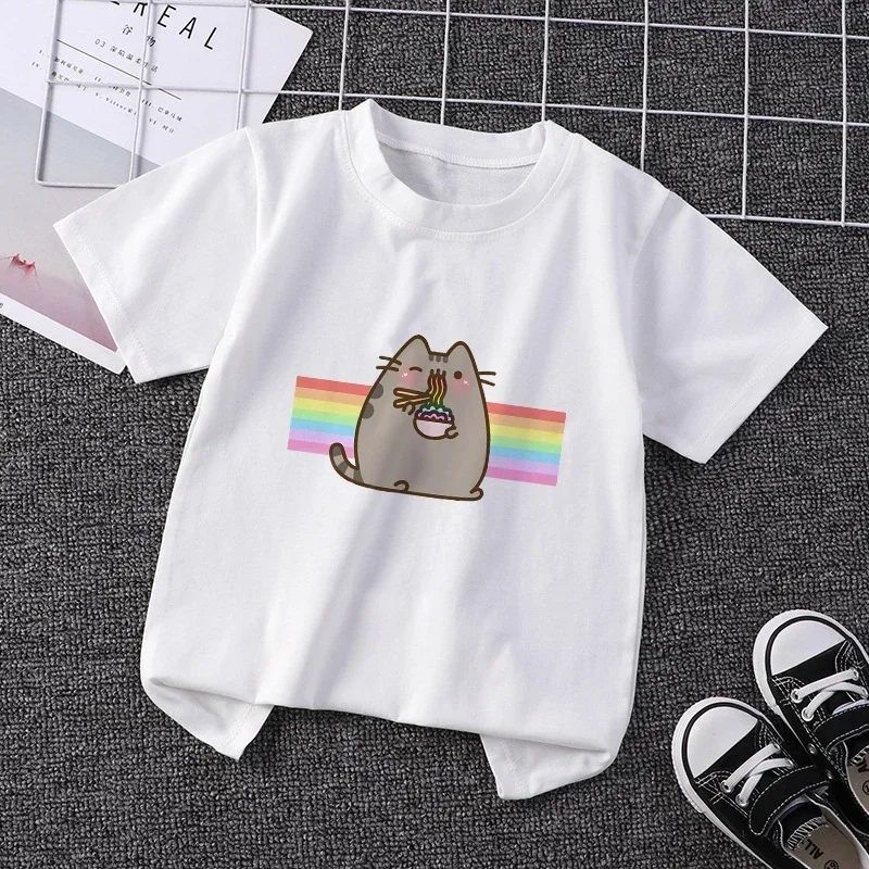 Pusheen Children T-shirts Kawaii Cute Cat Kid Tee Shirts for Girls Boys Clothes Casual Short Sleeve Animal Pattern Fashion Tops