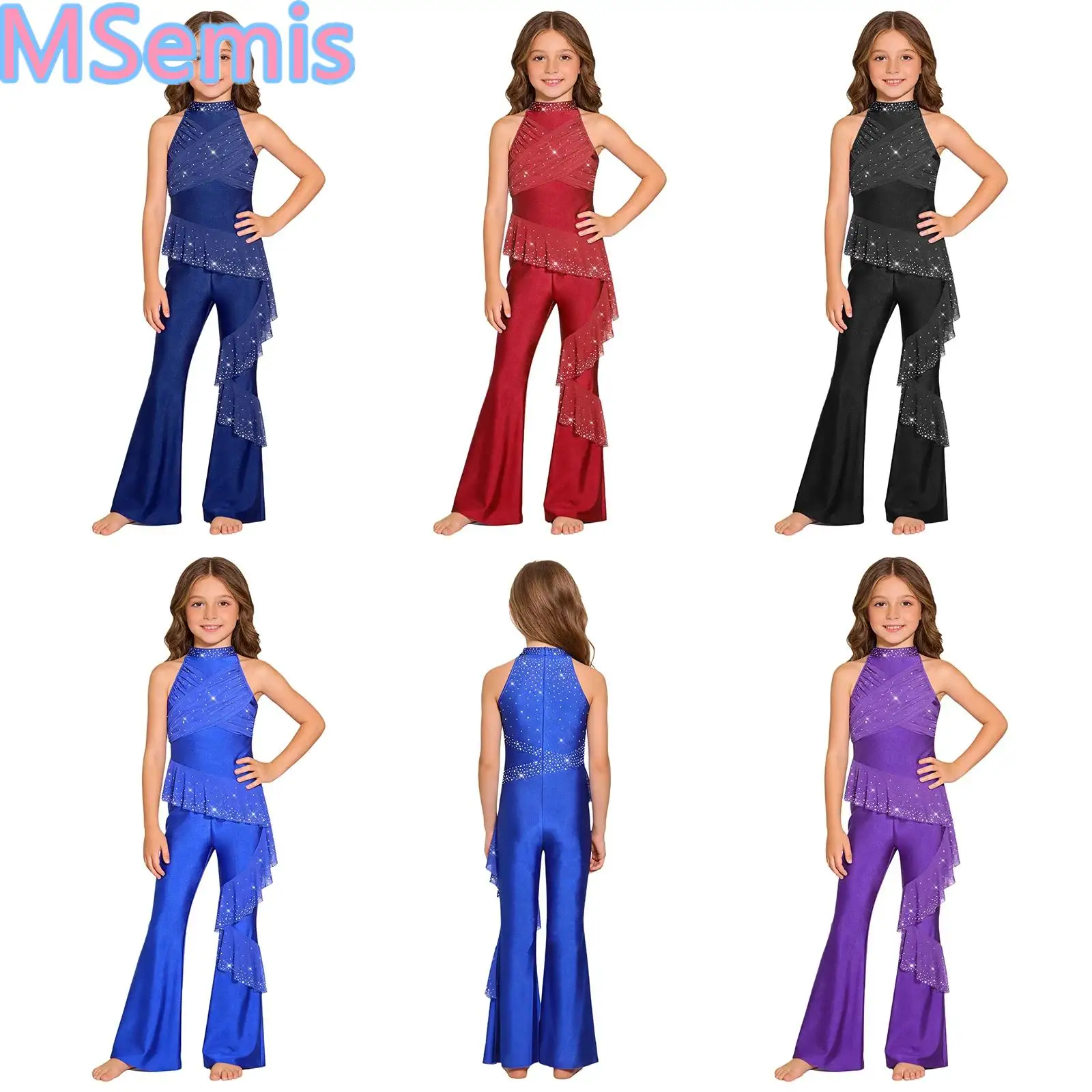 

Kids Girls Sparkling Rhinestones Dance Jumpsuit Sleeveless Ruched Mesh Ruffles Bell-Bottom Bodysuit for Performance Dancewear