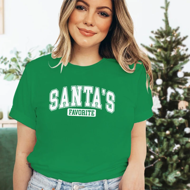 

Любимая Рождественская одежда Санта-Клауса, женские футболки с принтом, футболка с коротким рукавом, топы, футболка оверсайз, женская одежда