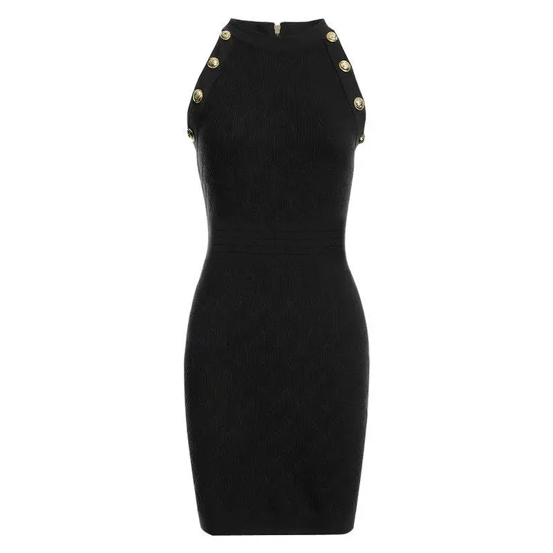 

Summer New Style Sleeveless Button Elastic Knitted Mid-Length Bodycon Slimming Versatile Dress Ladies' Knitted Wrap Dress