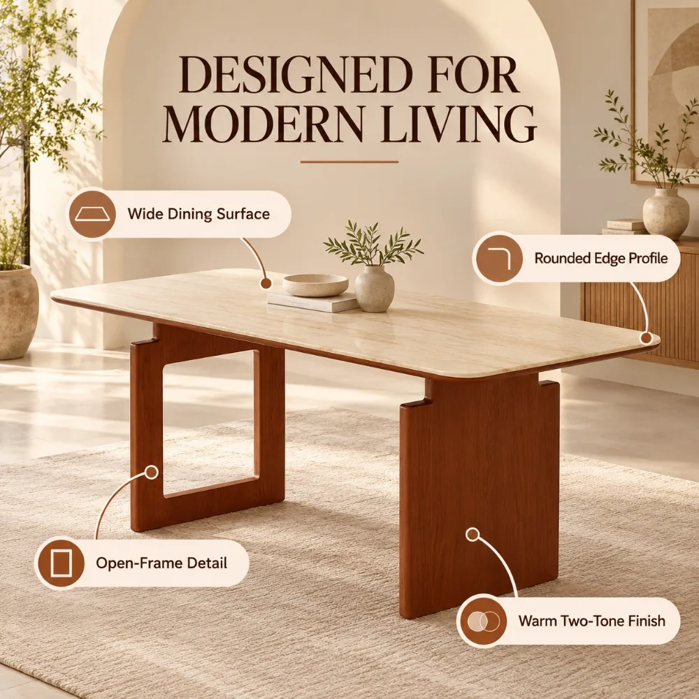 Retro Mid‑Century Travertine Sintered‑Stone Dining Table, Italian Minimalist Rectangular Solid Wood Table for Small Household