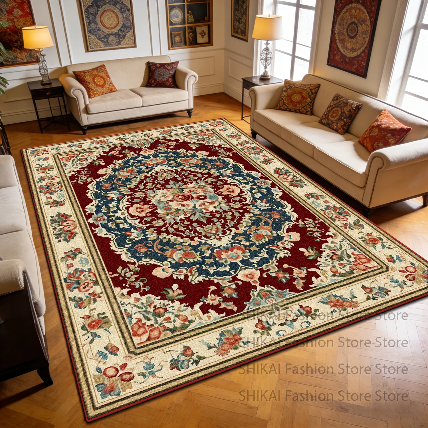 

Красный европейский роскошный ковер с цветочным узором для двора, декоративный коврик для гостиной, нескользящий, мягкий, легко чистится, без ворса, большие напольные коврики