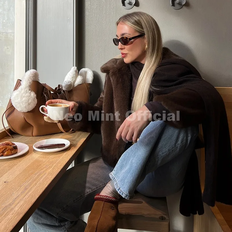 Neo mint legal rua meninas moda marrom jaqueta de pele do falso feminino luxo falso casaco de pele de vison 2025 outono inverno quente curto casaco