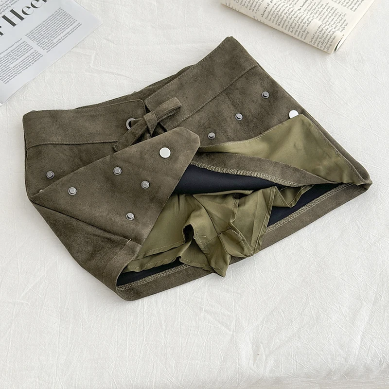 Koreaanse Mode Klinknagel Suede Mini Rokken Vrouwen Hoge Taille Lace-up Groene Rok 2026 Nieuwe Rok met Shorts Saias mujer