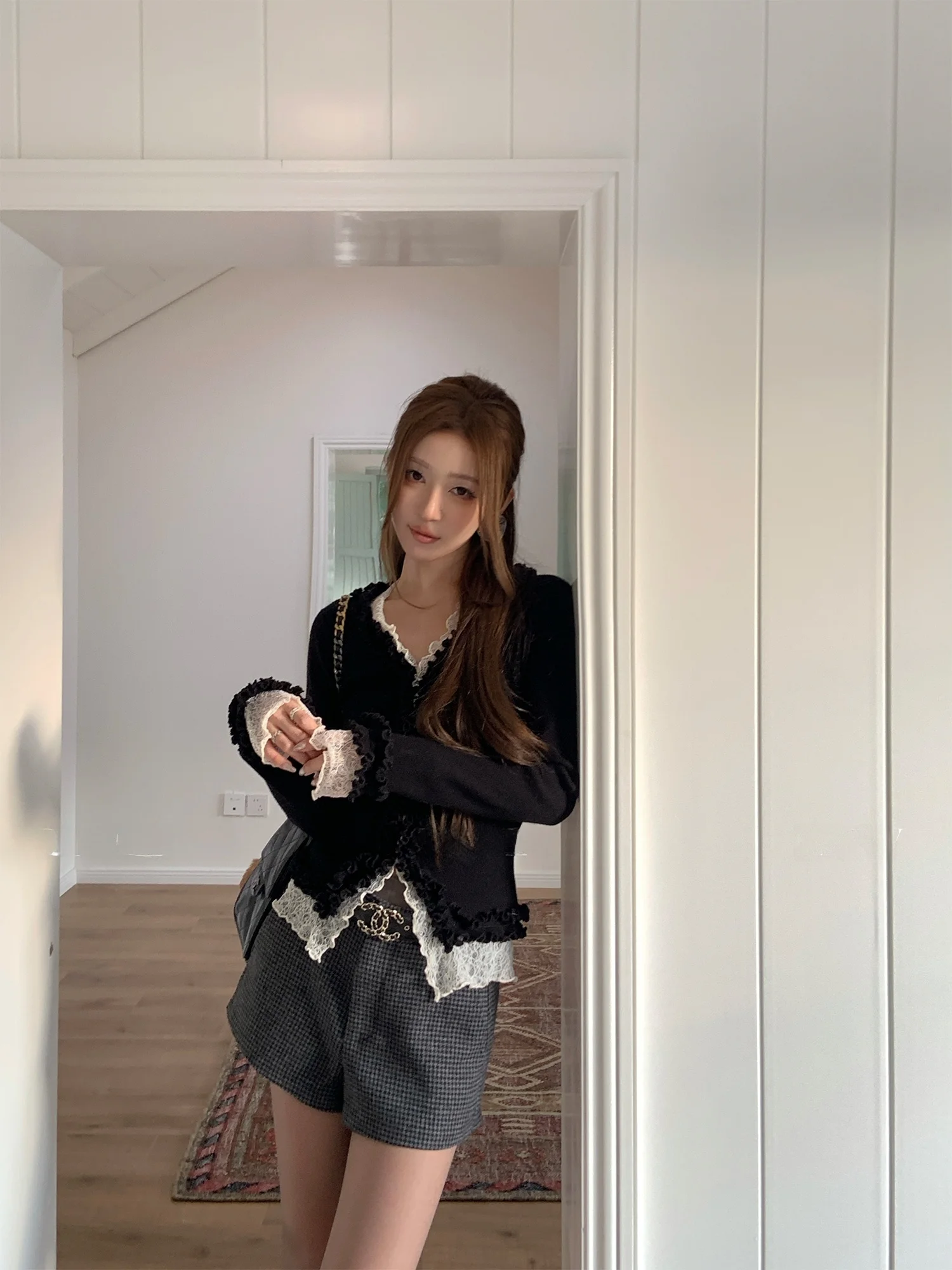 

Женский вязаный кардиган Zoneelea Rachel's Closet Design с кружевными вставками, свободного кроя, для повседневной носки, в французском стиле