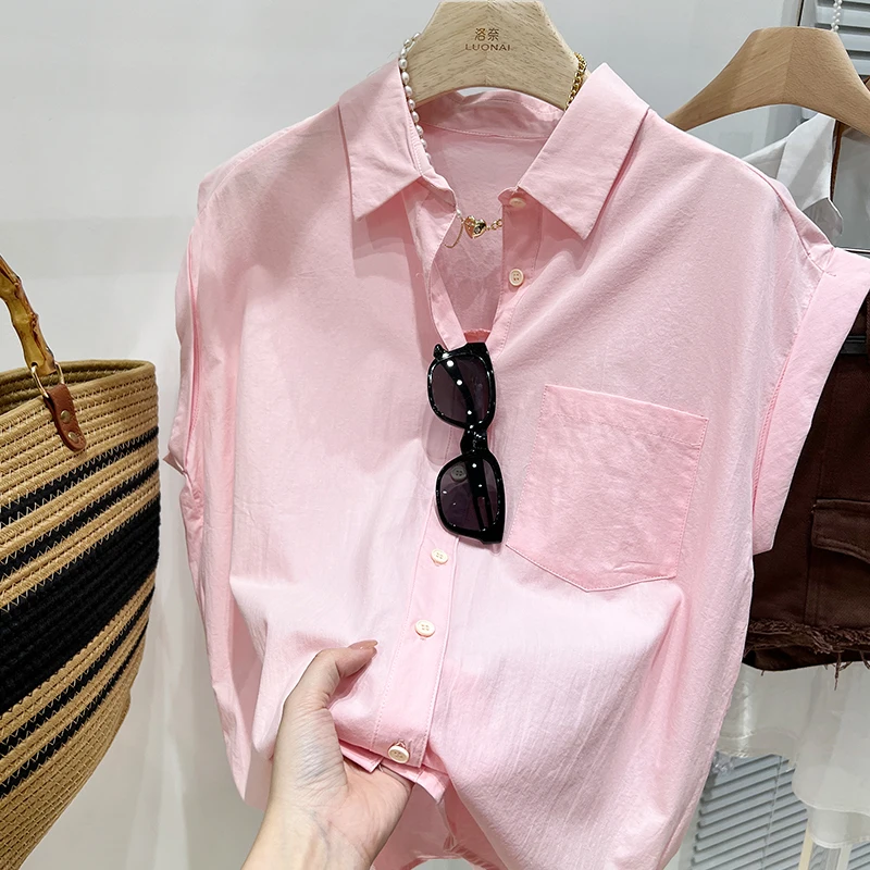 Summer Turn Down Collar Shirt Woman Casual Single-Breasted Loose Blouse 2024 Women Vintage Solid Color Street Sleeveless Shirts