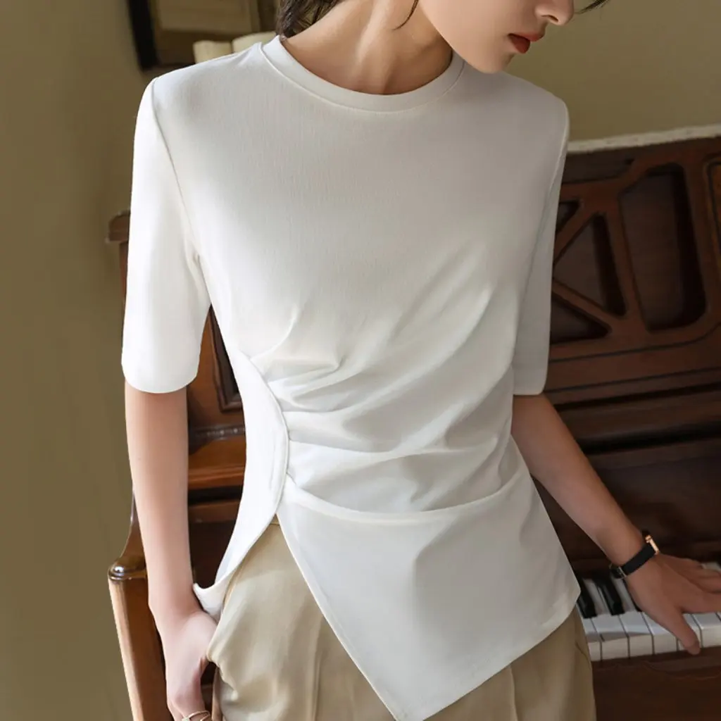 

Women's Mid-Sleeve T-Shirt Solid Color round Neck Cotton Summer Irregular Hem Pleated Waist-Cinching Commuter Style Top