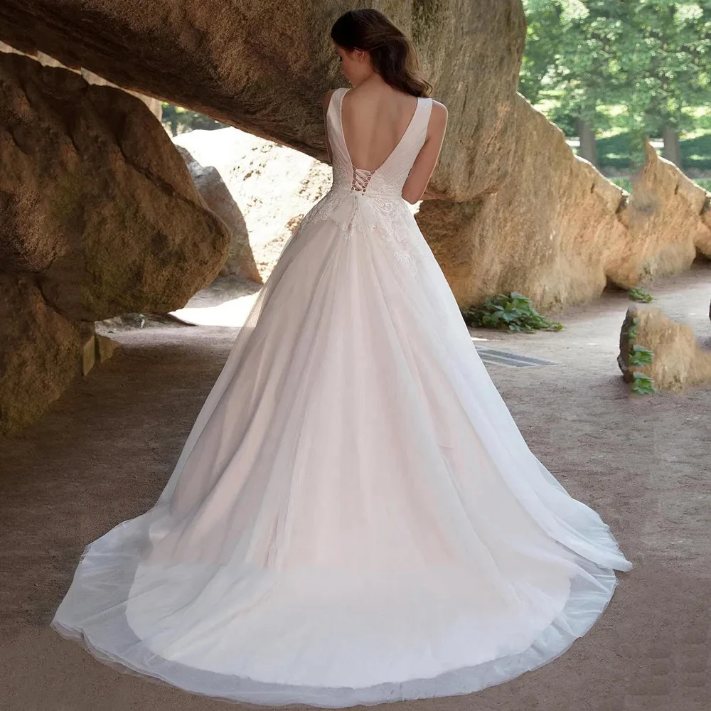 المشاهير ألف خط فساتين زفاف النساء مثير الخامس الرقبة بلا أكمام فساتين حفلات رسمية الدانتيل زين الكرة Vestidos De Novia مخصصة