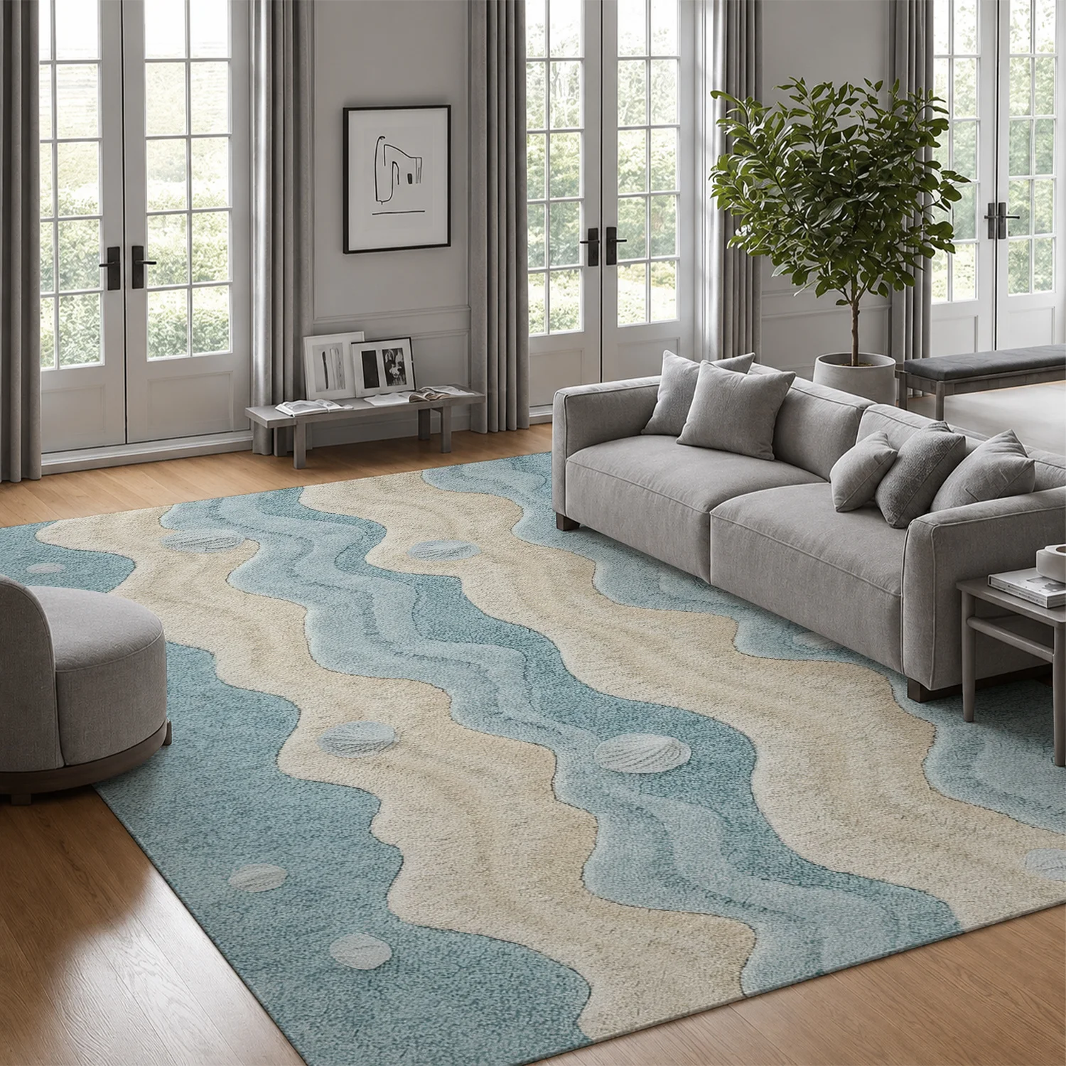 Large Indoor Area Rug, Soft Velvet Low Pile Rug with Non-Slip Dotted Backing, Machine Washable Coastal Ocean Wave & Seashell Pattern Rug for Living Room, Bedroom Beach Themed Home Decor
