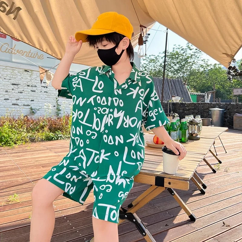 Boys' Clothing Set Summer New Children's Printed Short sleeved Shirt Shorts 2-piece Set Teenage Boys Sports Set images - 6