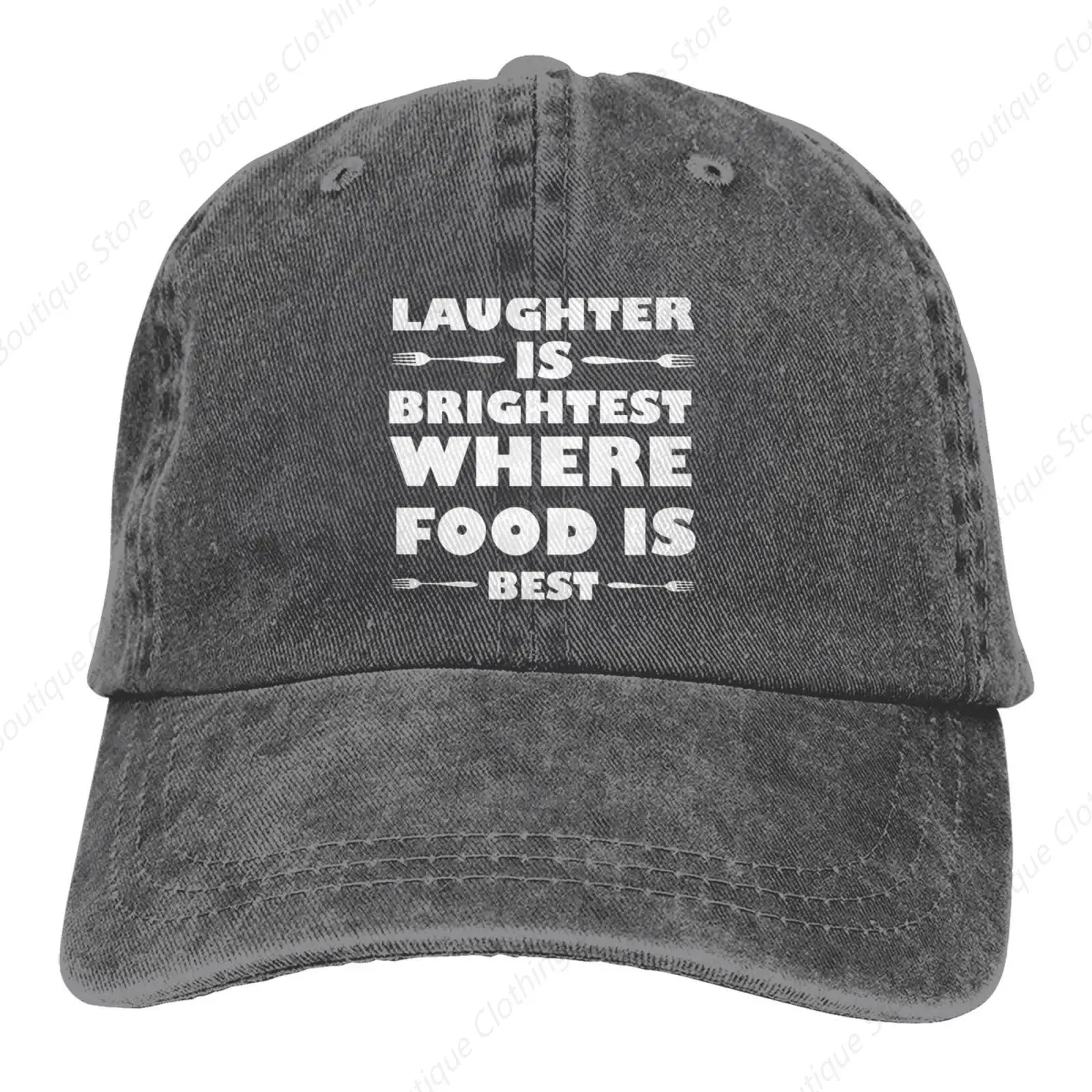 

Laughter is Brightest Where Food is Best Baseball Cap for Men Women Hats Adjustable Denim Hat Dad Hat