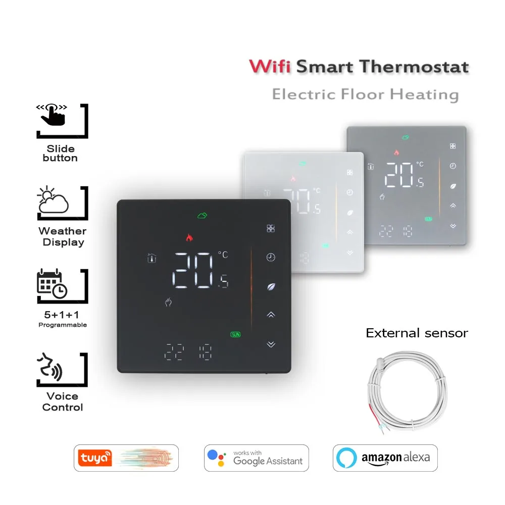 Pengontrol Suhu Termostat Cerdas Wifi 16A Pemanas Lantai Elektrik Bekerja dengan Alexa Google Home