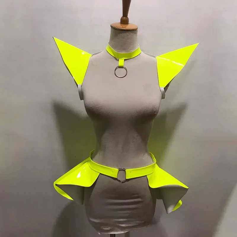

Yellow Festival Outfits Rave Pole Dance Wear Flying Shoulder Gogo Dance Clothing Silver Pole Dancer Costume Nightclub VDB7694