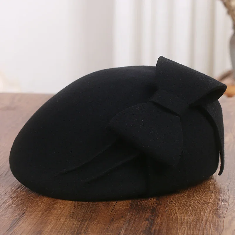 USPOP Elegant Stereotyped Bow Beret French Retro Big Bow Beret Hat for Women Autumn Winter Woolen Hat