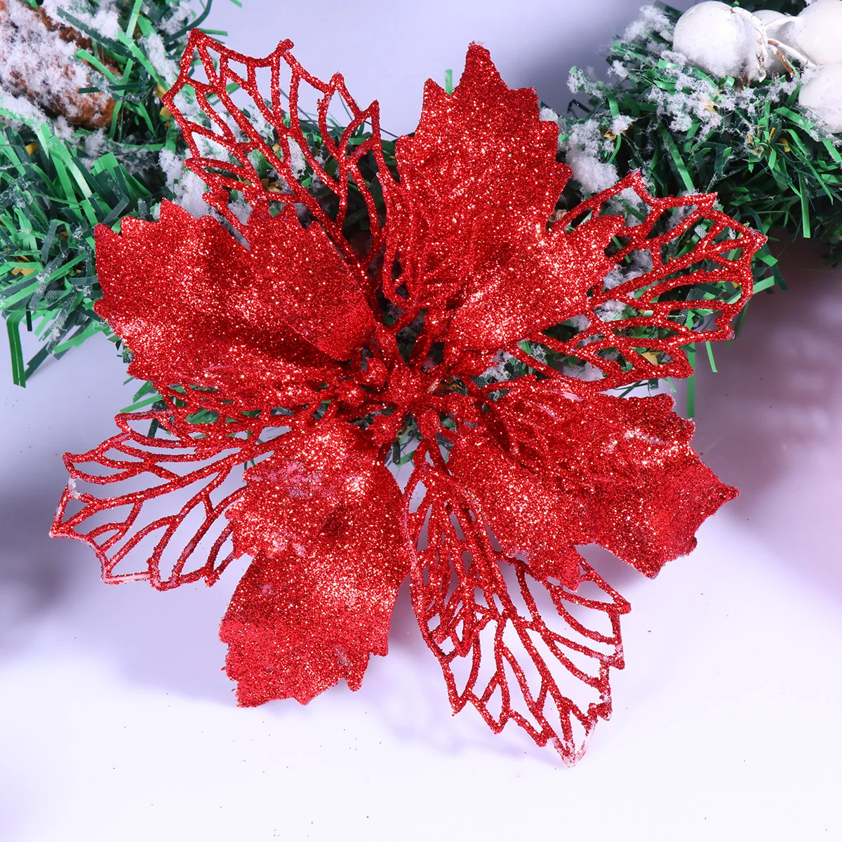 

12Pcs Christmas Tree Hanging Decorations Hollow Artificial Flowers Glitter Poinsettia Flowers Red Xmas Ornaments