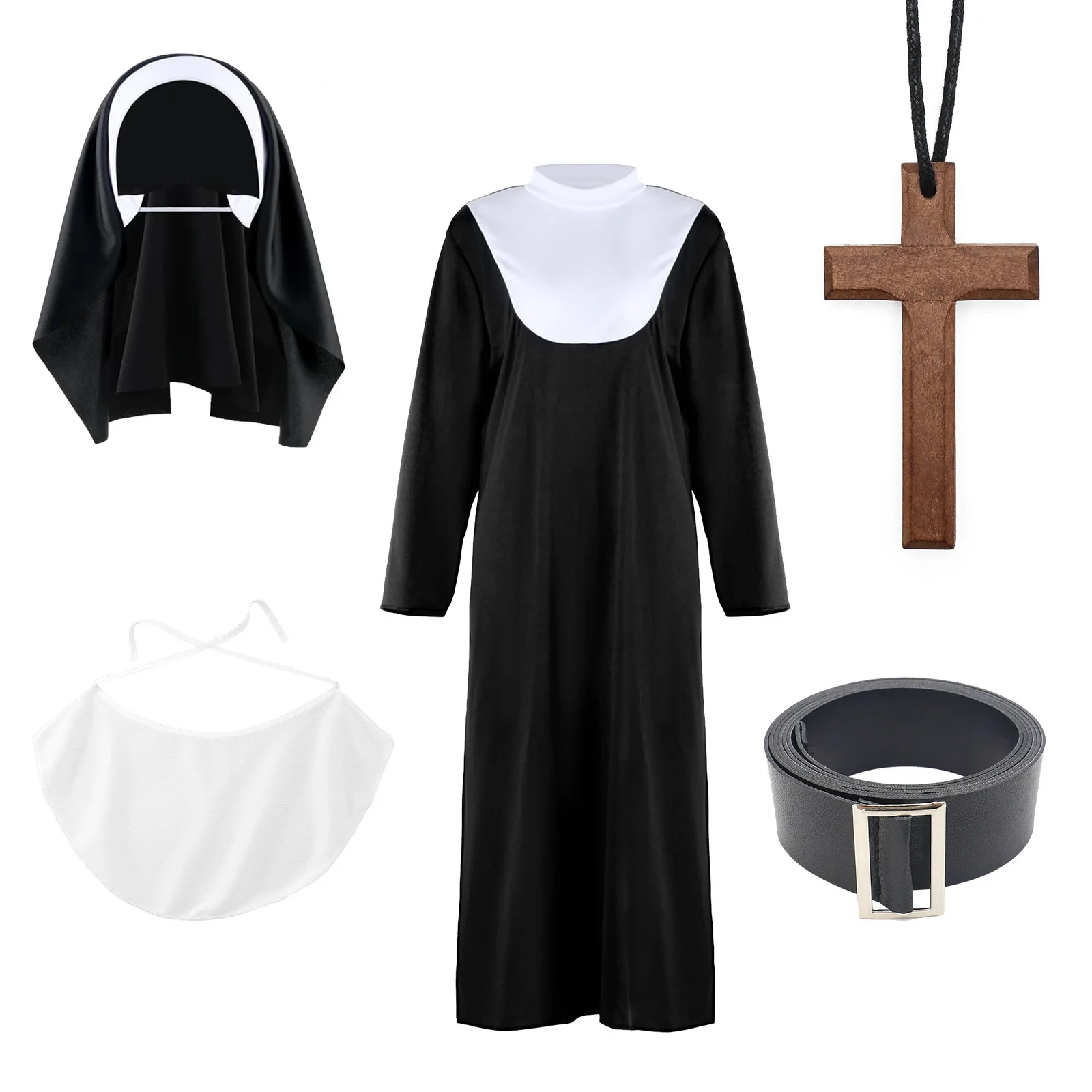 Voile de nonne et tablier croisé pour déguisement d'Halloween, cosplay de missionnaire ou de Vierge