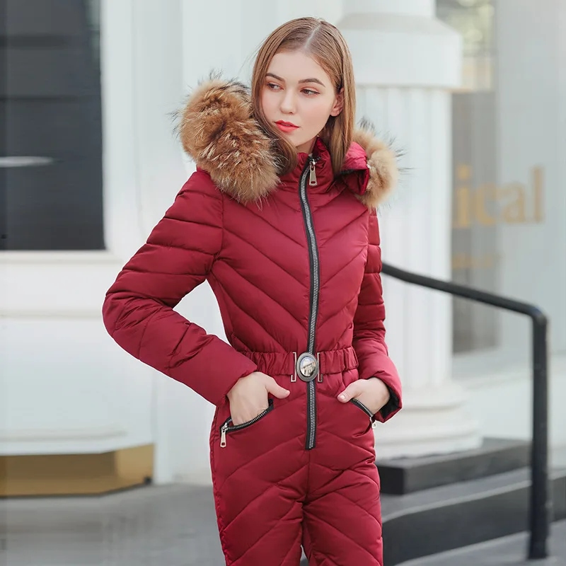 Women Zipper Slim Fit Plush Hooded Warm Jumpsuits Winter Parkas Jumpsuits Women's Long Sleeve Stand Collar Ski Parkas Jumpsuits