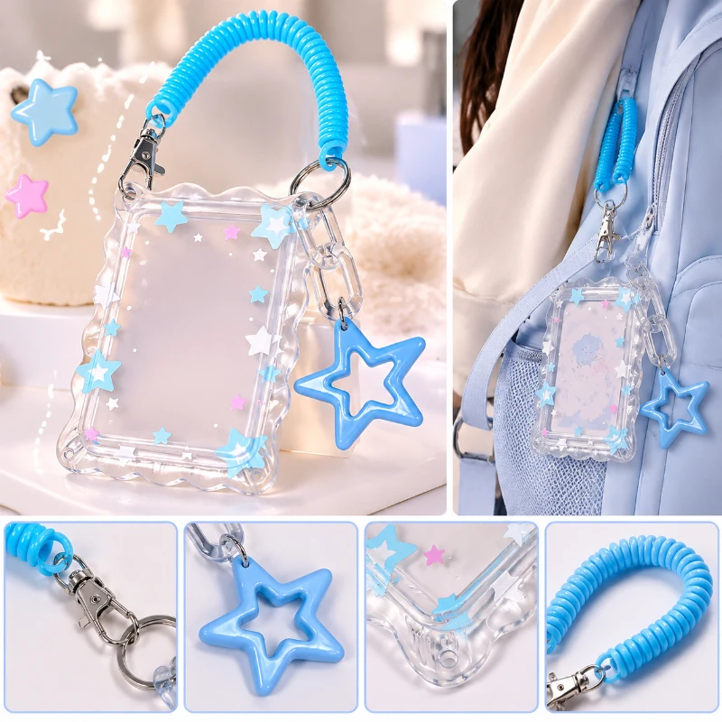 1pc Star Photocard Holder With Spring Coil Strap Hollow Star Charm Kpop Photo Card Sleeve ID Card Display Protector Case
