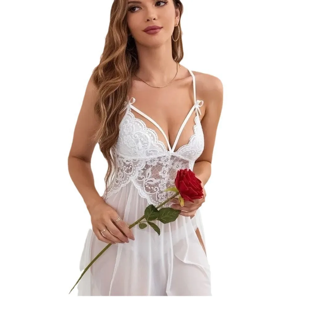 Women's Sexy Lingerie Lace Babydoll Slip Nightdress V Neck Pajamas Mesh Side Slit
