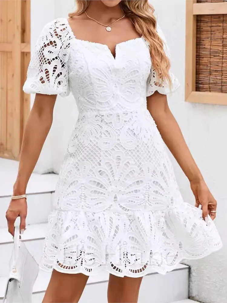 

2025 Summer New Chic Hollow Out White Party Dress Women New Sexy Lace Mini Dresses Female Vintage Elegant A-line Short Dresses