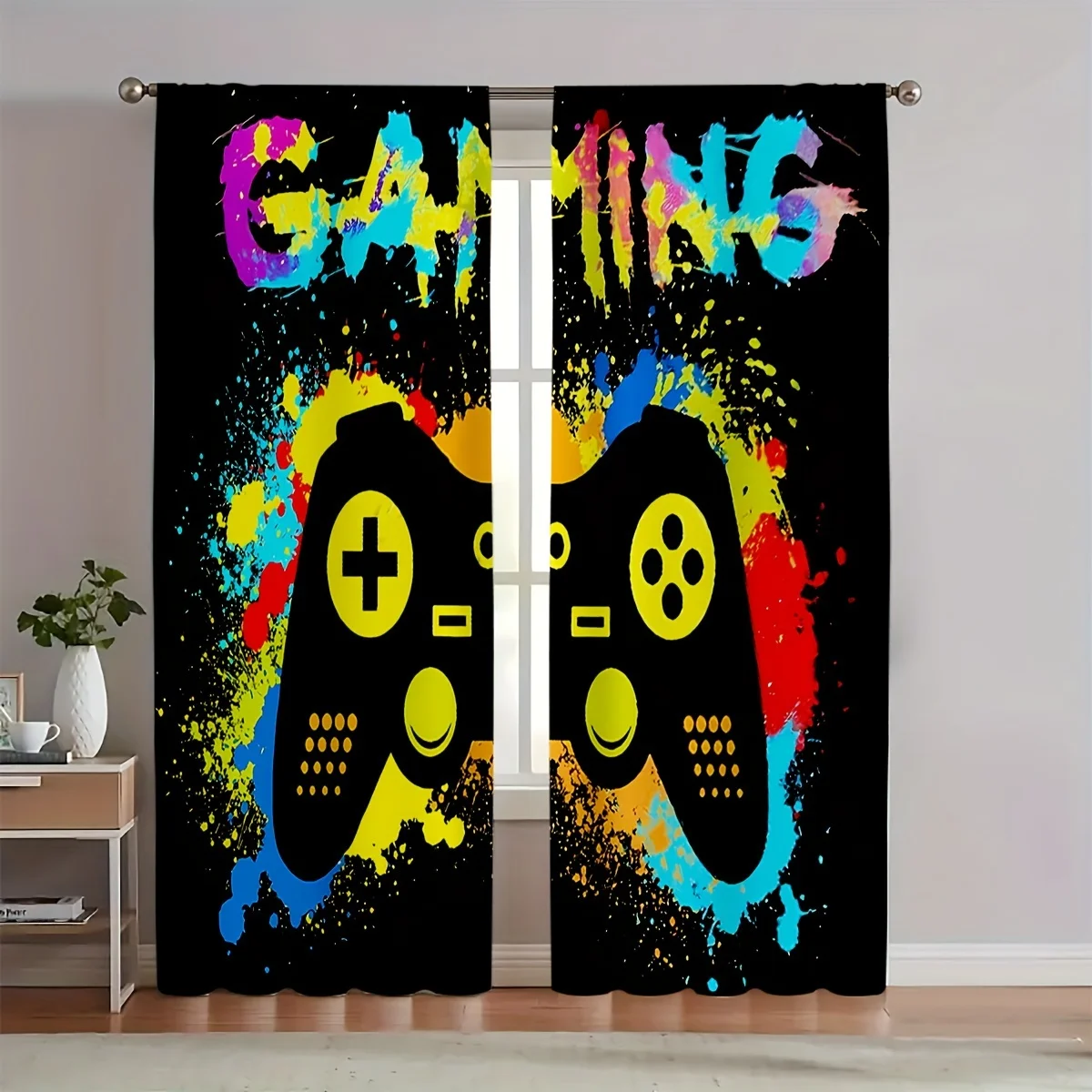 Gaming Controller Curtains, Colorful Graffiti Gamepad Window Drapes, Esports Room Decor, Blackout Fabric for Boys Bedroom