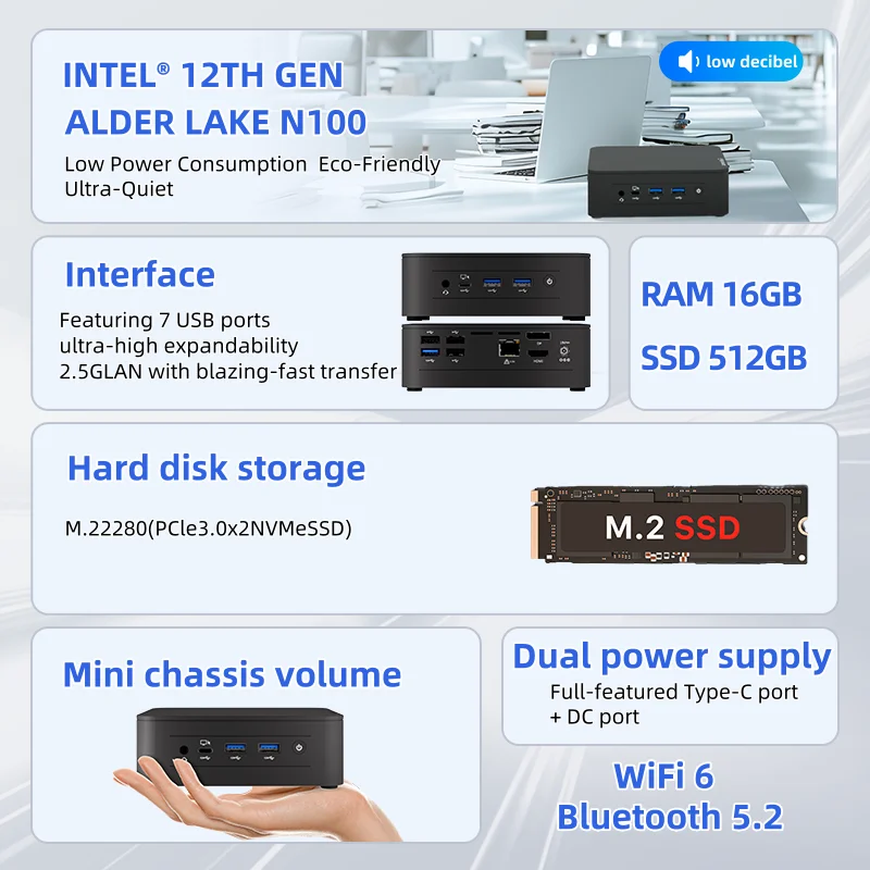 Lenovo NUC 12GO Mini-PC Intel Alder Lake N100 12 GB RAM 512 GB ROM WiFi 6 BT5.2 Windows 11 Desktop-Mini-Computer