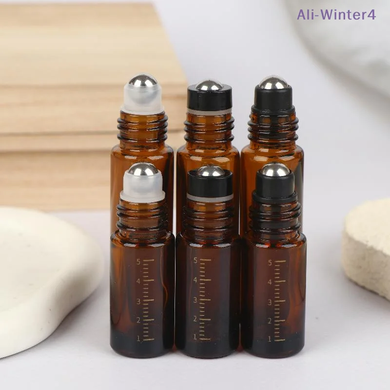 

{Winter4} 5/10ml Amber Clear Glass Roll On Bottles Plastic Wood Grain Cap Sample Roller Ball Vials For Essential Oil Perfume