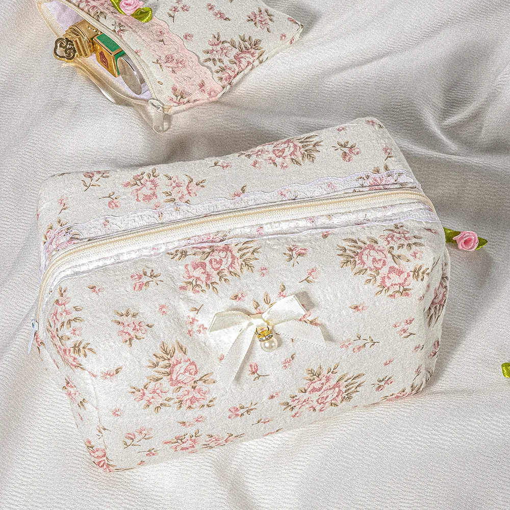 Elegant White Lace Makeup Bag, Quilted Bridal Cosmetic Pouch with Floral Embroidery Bow, Women's Travel Toiletry Gift Cosmetic view 5