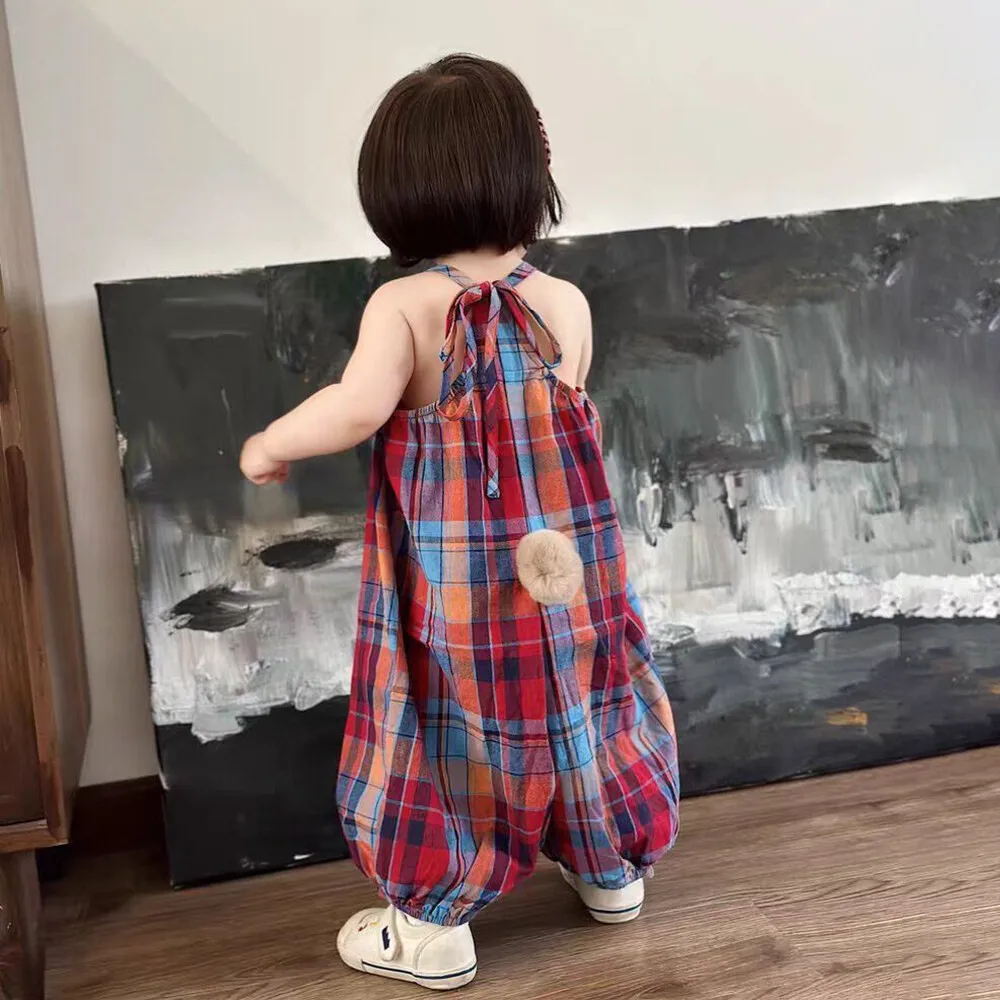 Bear Leader Summer Colorful Plaid Kids Jumpsuits Sleeveless Casual Wear Back Lace Up One-Pieces Rabbit Tail Girls Clothes