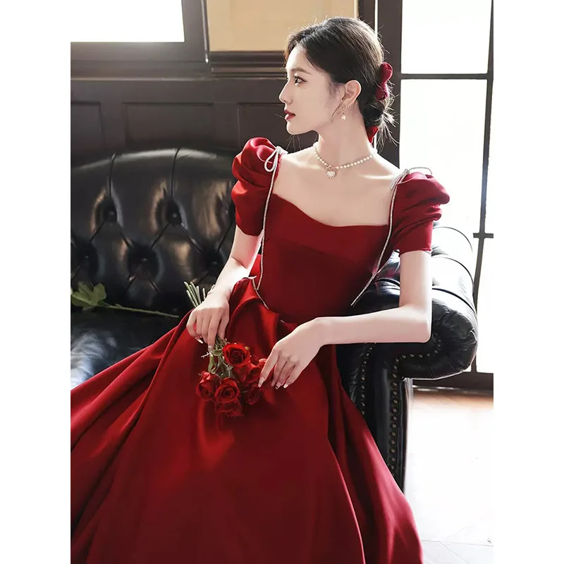 

Свадебное платье из красного атласа для женщин, модное, с завышенной талией, пышное, с рукавами-фонариками, для помолвки и свадьбы