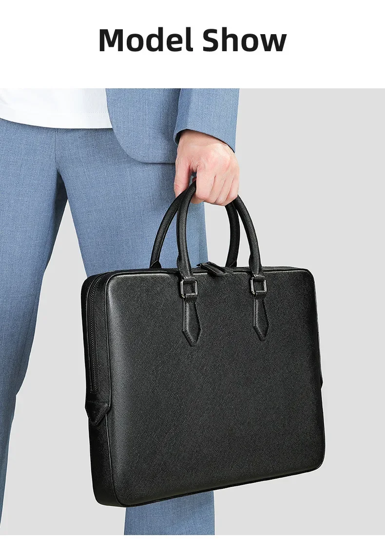 Valigetta da uomo in vera pelle, borsa per laptop di grande capacità con stile business, semplice ed elegante, materiale in pelle di vacchetta