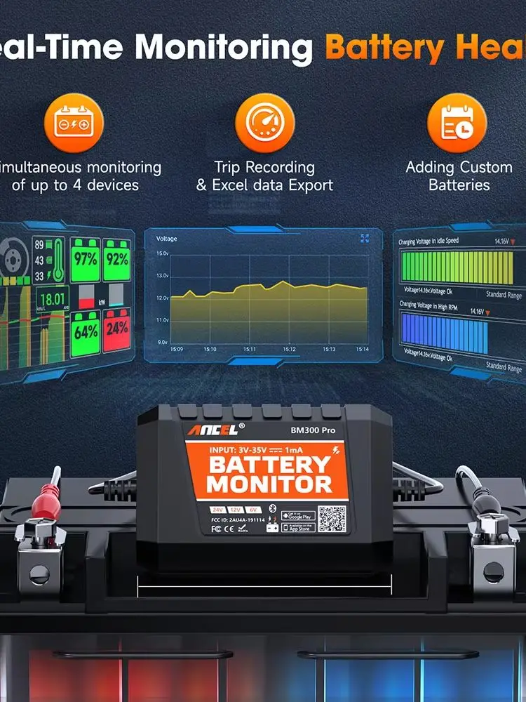 ANCEL BM300 Pro Autobatterietester Batterie-Monitor 6V 12V 24V SOC Batteriezustandsanalysator Lade- und Startsystem-Tester iOS Android